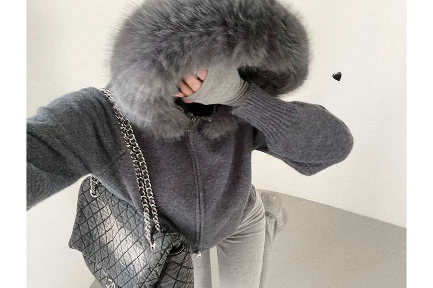 Faux Fur Zip-Up Plain Cardigan