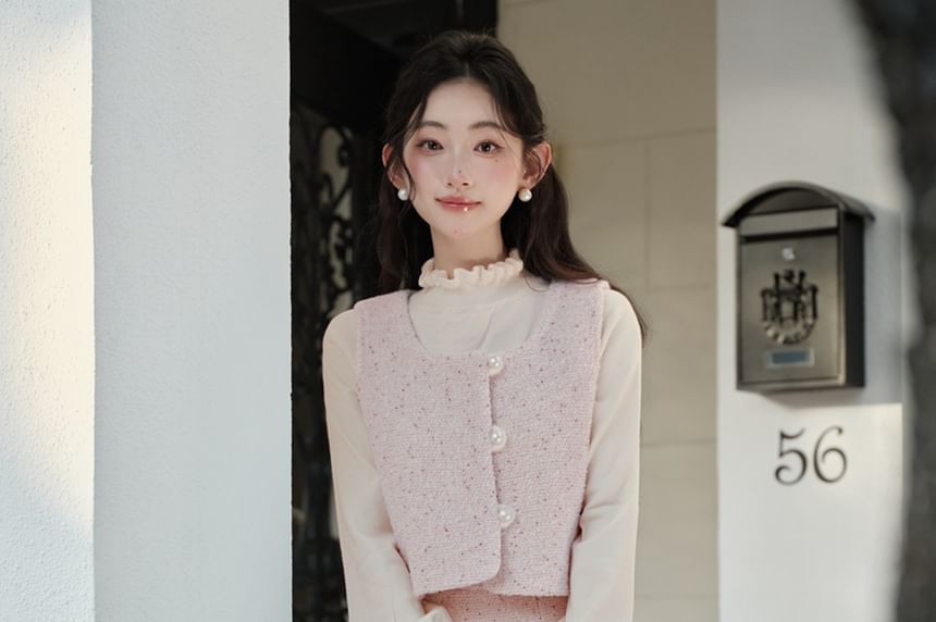 Puff Sleeve Blouse with Pearl Buttons - Vest - Tweed Midi Skirt Set