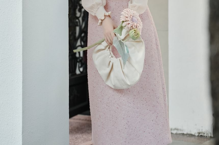 Puff Sleeve Blouse with Pearl Buttons - Vest - Tweed Midi Skirt Set