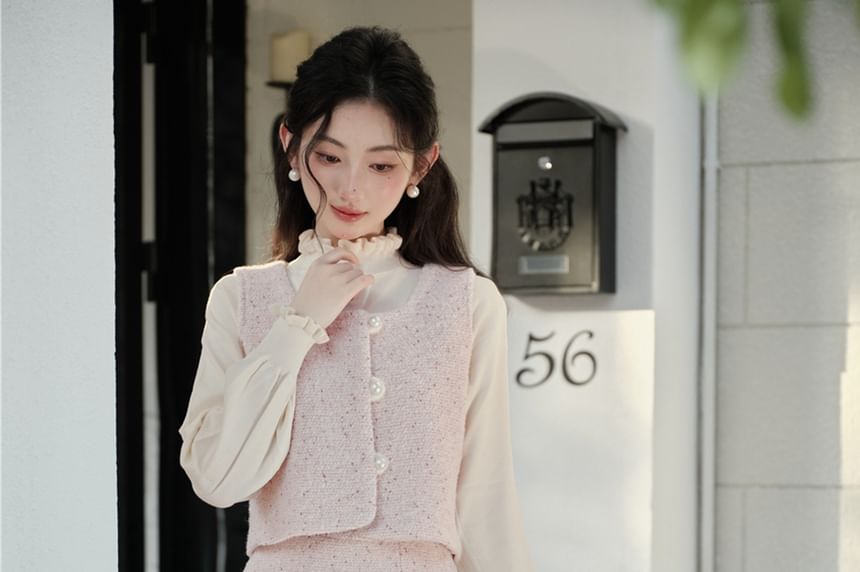 Puff Sleeve Blouse with Pearl Buttons - Vest - Tweed Midi Skirt Set