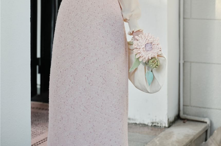 Puff Sleeve Blouse with Pearl Buttons - Vest - Tweed Midi Skirt Set