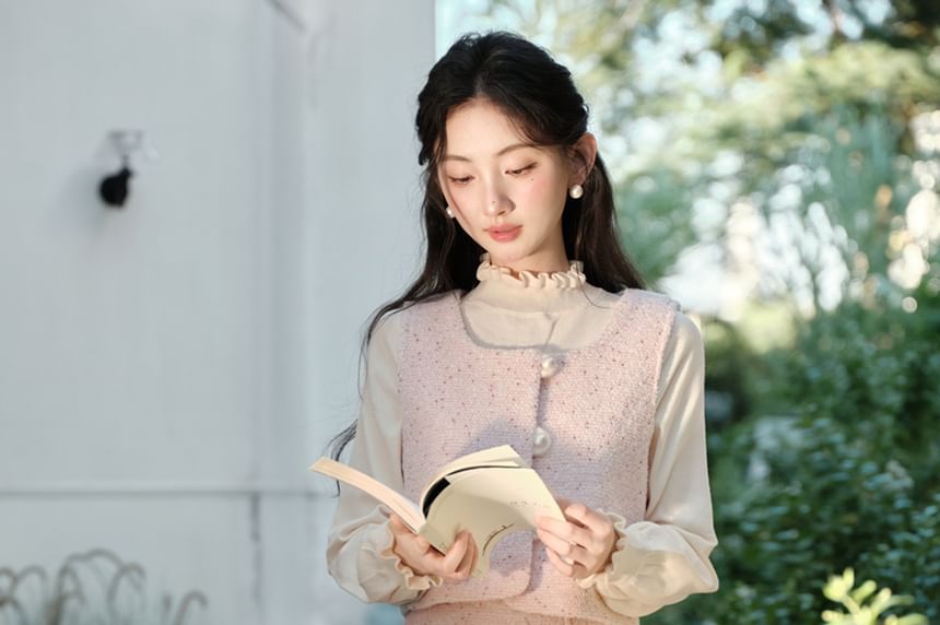 Puff Sleeve Blouse with Pearl Buttons - Vest - Tweed Midi Skirt Set