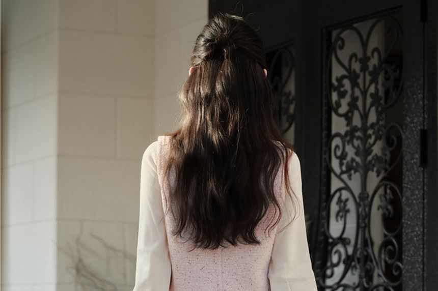 Puff Sleeve Blouse with Pearl Buttons - Vest - Tweed Midi Skirt Set