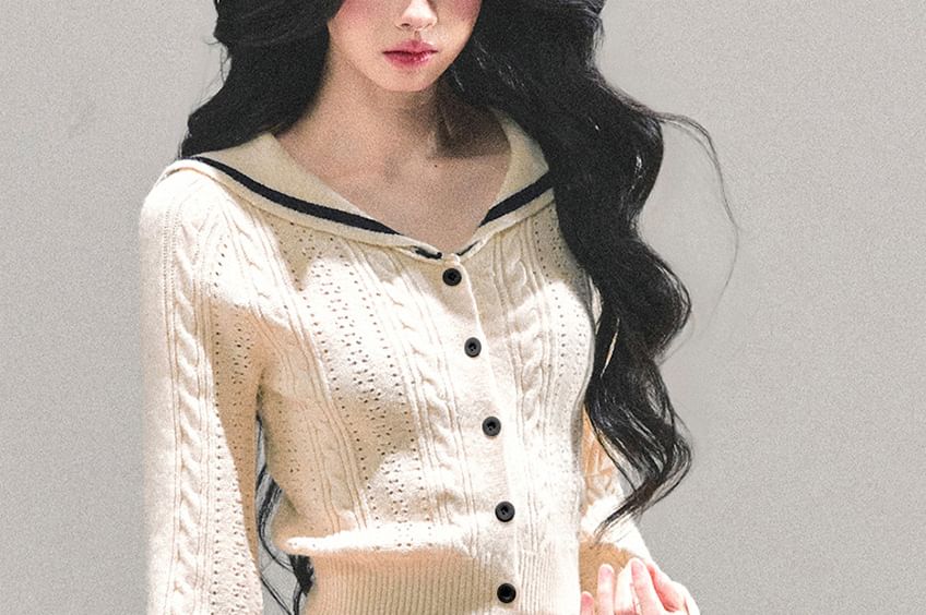 Set: Sailor Collar Crop Cardigan + Knit Mini Skirt