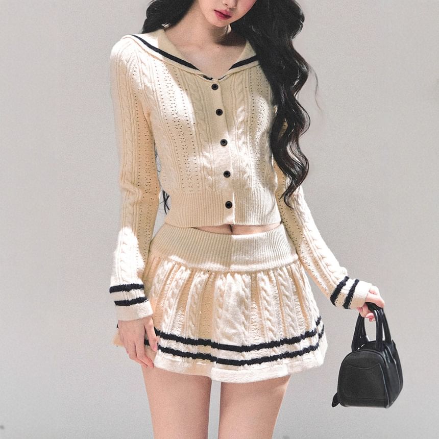 Set: Sailor Collar Crop Cardigan + Knit Mini Skirt
