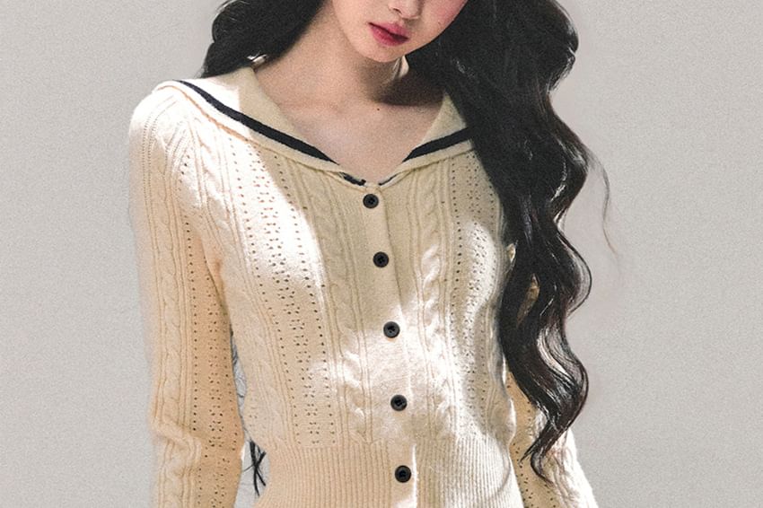 Set: Sailor Collar Crop Cardigan + Knit Mini Skirt