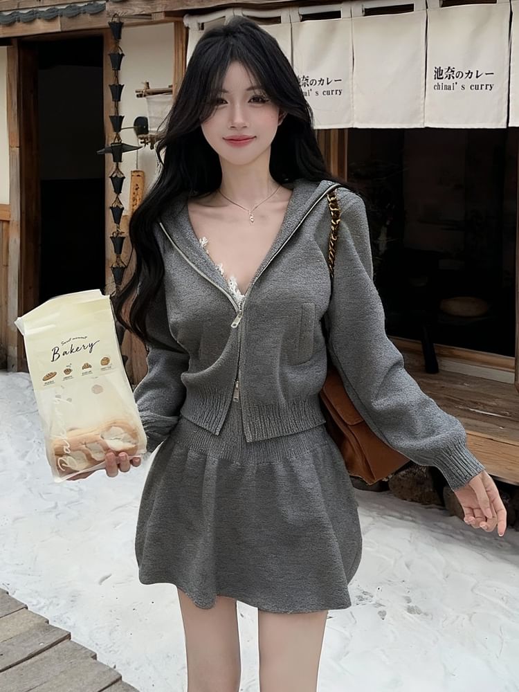 Set: Plain Knit Hooded Zip Cardigan + HIgh Waist Mini A-Line Knit Skirt