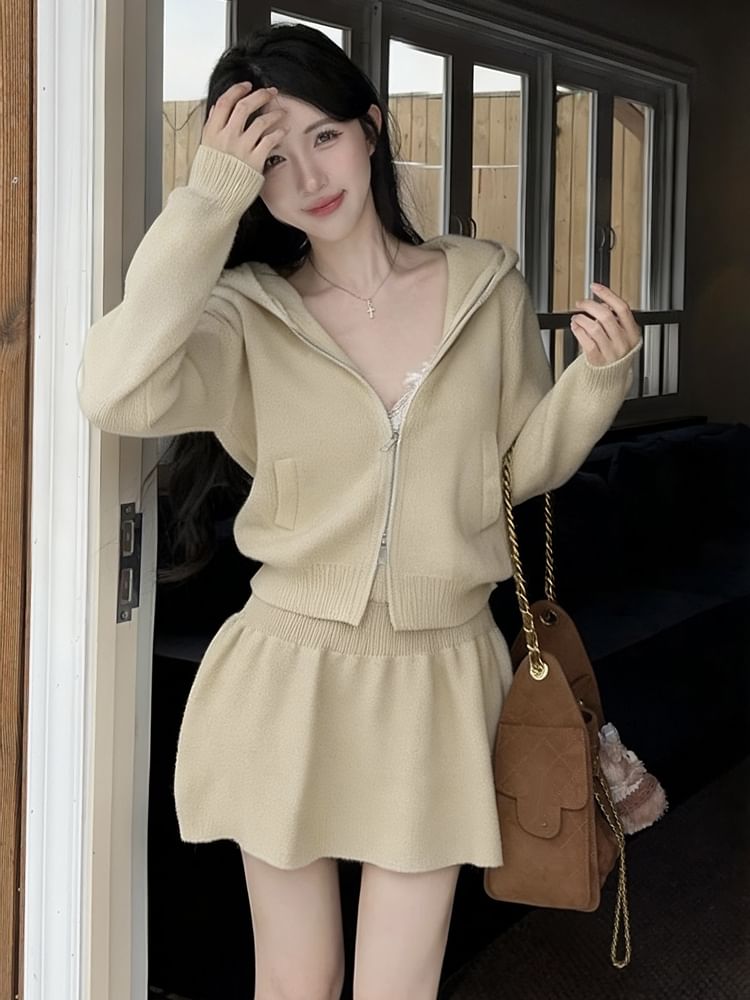 Set: Plain Knit Hooded Zip Cardigan + HIgh Waist Mini A-Line Knit Skirt