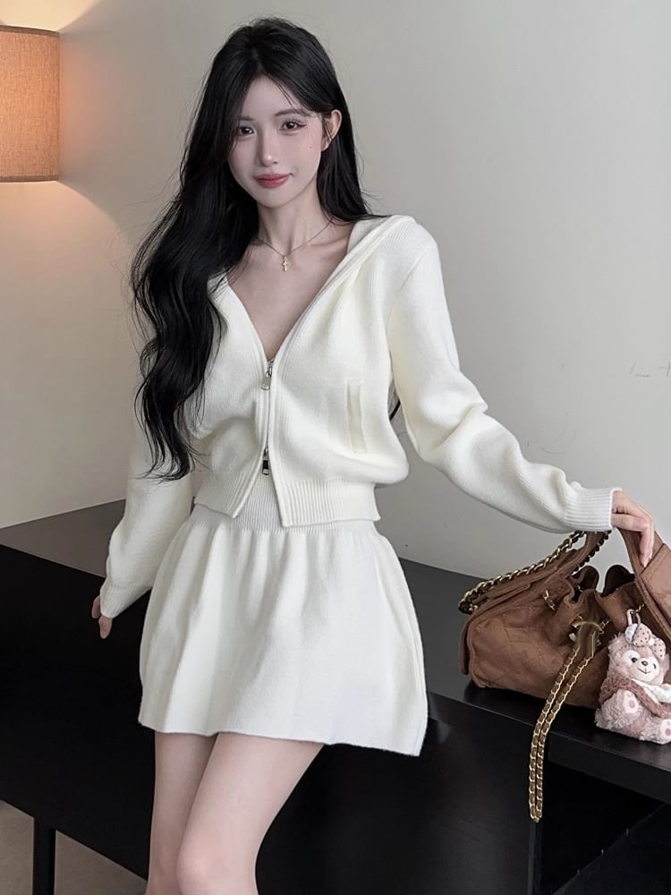 Set: Plain Knit Hooded Zip Cardigan + HIgh Waist Mini A-Line Knit Skirt