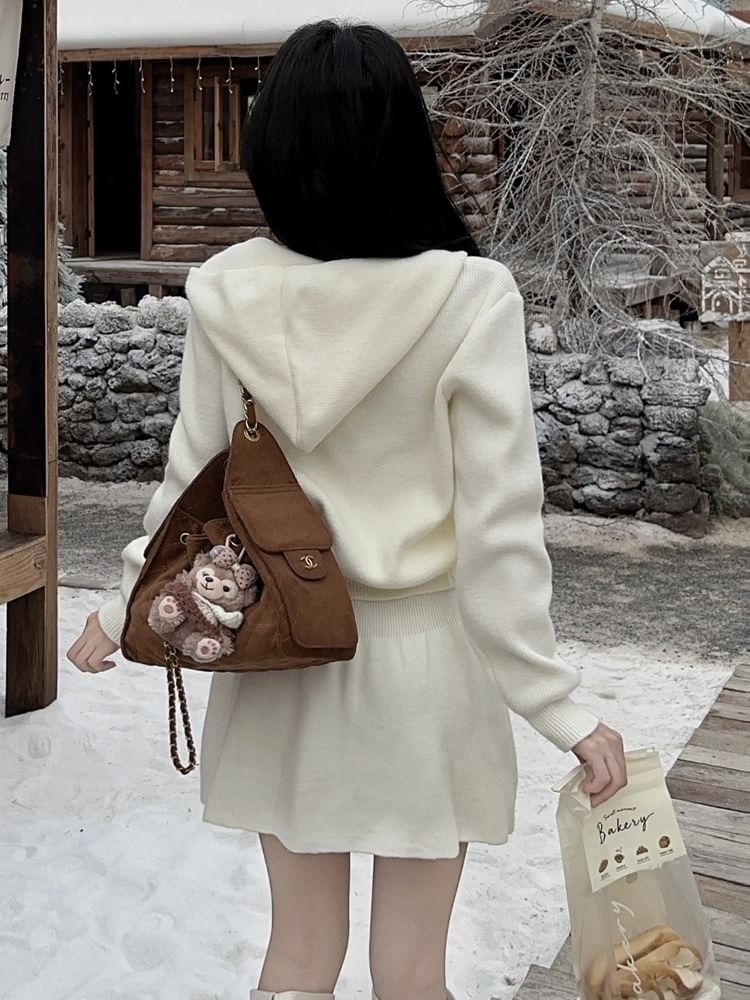Set: Plain Knit Hooded Zip Cardigan + HIgh Waist Mini A-Line Knit Skirt