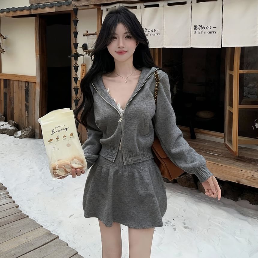 Set: Plain Knit Hooded Zip Cardigan + HIgh Waist Mini A-Line Knit Skirt
