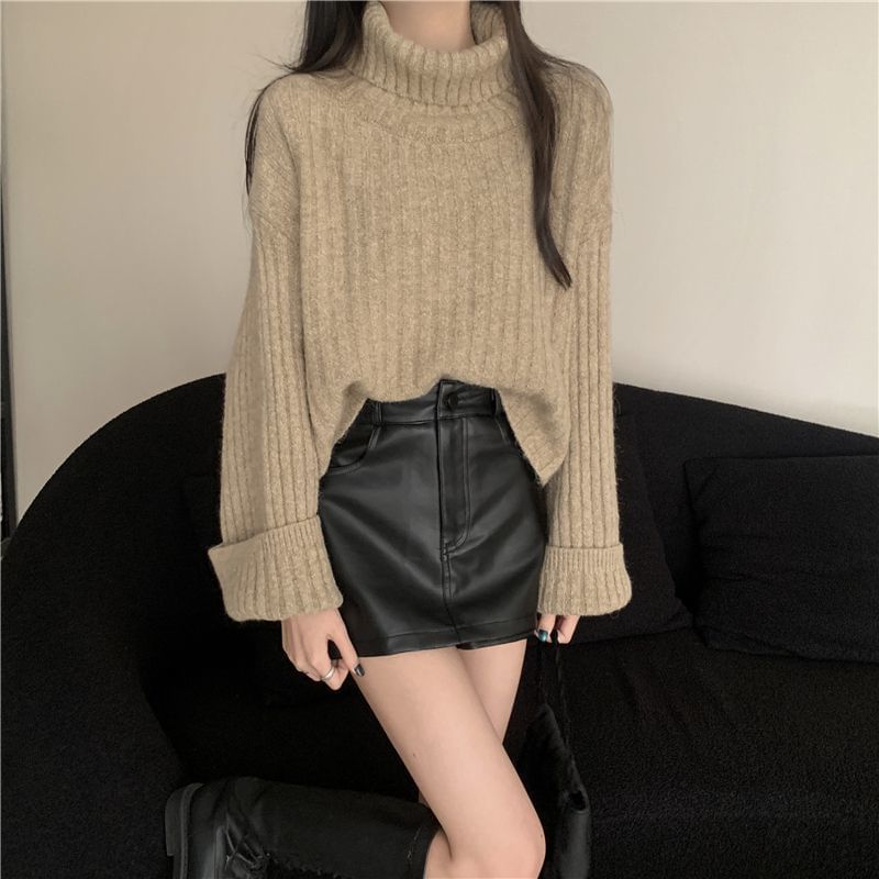 Ribbed Knit Turtleneck Pullover