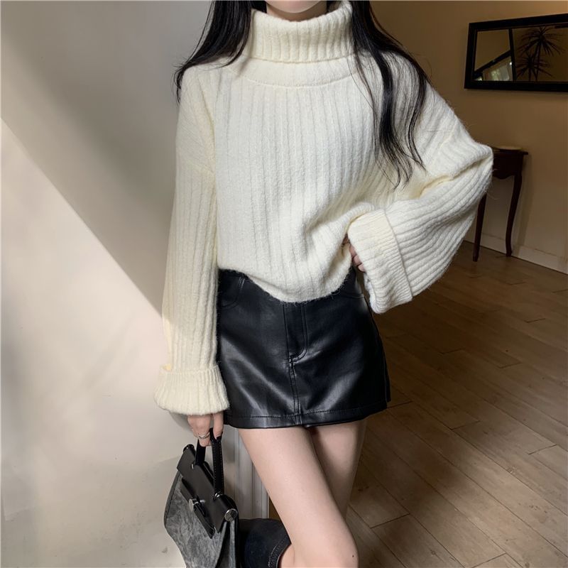 Ribbed Knit Turtleneck Pullover