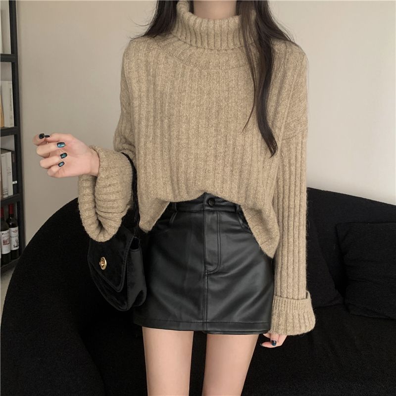 Ribbed Knit Turtleneck Pullover