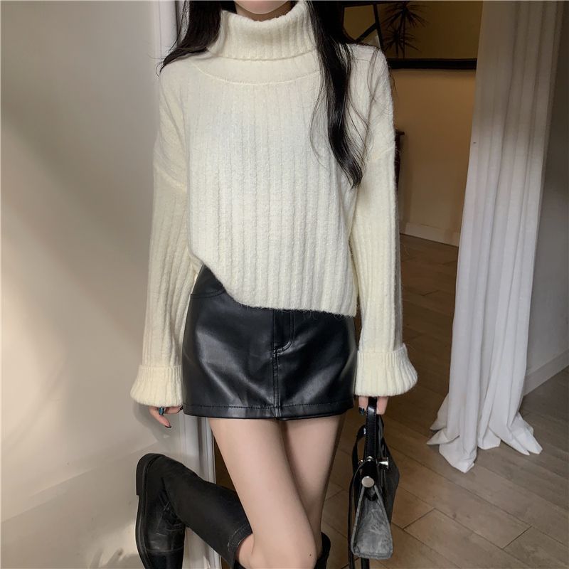 Ribbed Knit Turtleneck Pullover