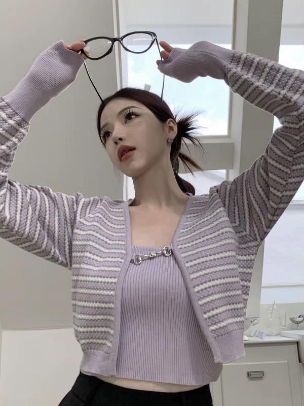 Set: Plain Ribbed Knit Cropped Halter Top + Striped Cardigan