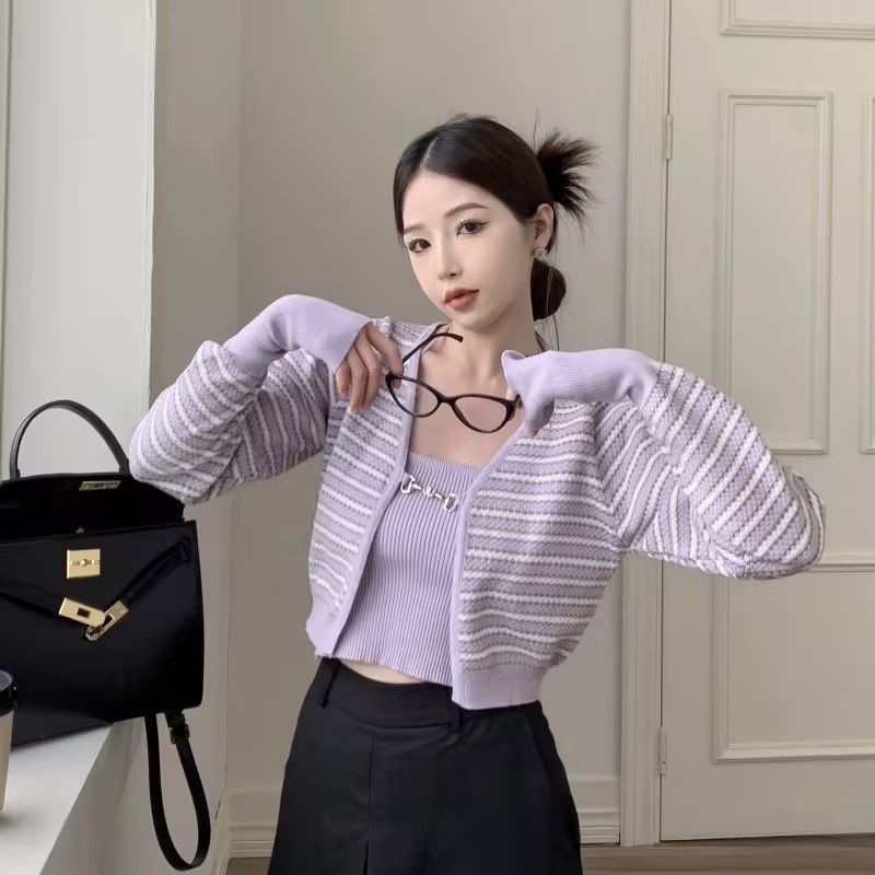 Set: Plain Ribbed Knit Cropped Halter Top + Striped Cardigan