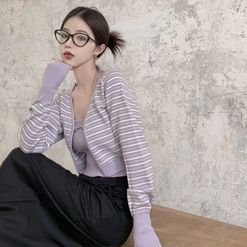 Set: Plain Ribbed Knit Cropped Halter Top + Striped Cardigan