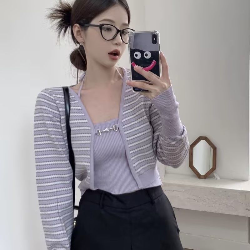 Set: Plain Ribbed Knit Cropped Halter Top + Striped Cardigan