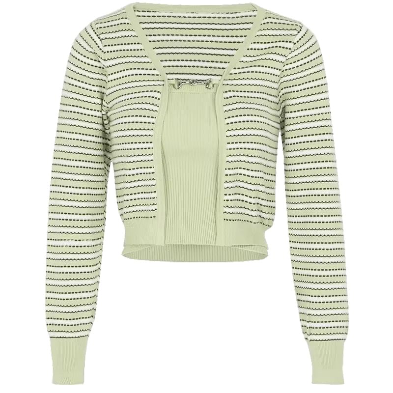 Set: Plain Ribbed Knit Cropped Halter Top + Striped Cardigan