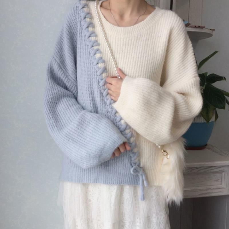 Two-Tone Lace-Up Round Neck Knitwear
