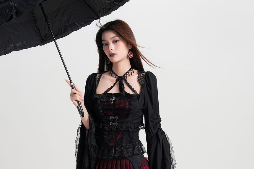 Flared Sleeve Lace-Trimmed Crop Top