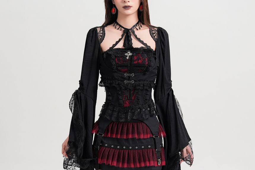 Flared Sleeve Lace-Trimmed Crop Top
