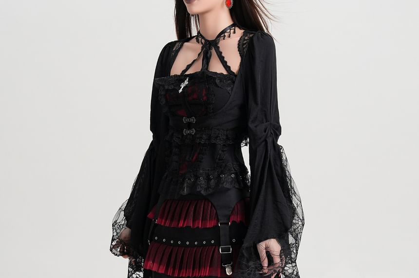 Flared Sleeve Lace-Trimmed Crop Top
