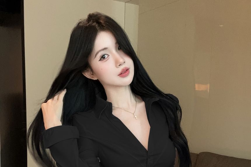 Long-Sleeve Plain Shirt with Belted Double-Breasted Mini Skirt