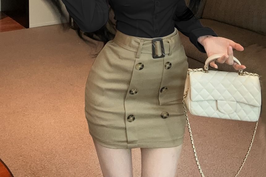 Long-Sleeve Plain Shirt with Belted Double-Breasted Mini Skirt