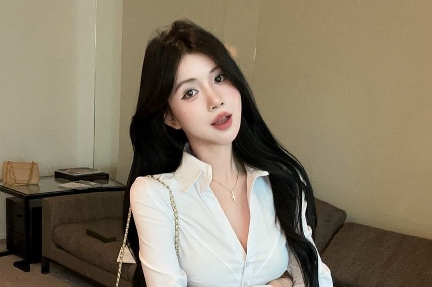 Long-Sleeve Plain Shirt with Belted Double-Breasted Mini Skirt