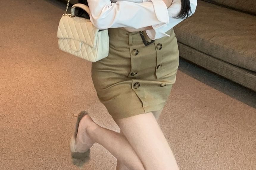Long-Sleeve Plain Shirt with Belted Double-Breasted Mini Skirt