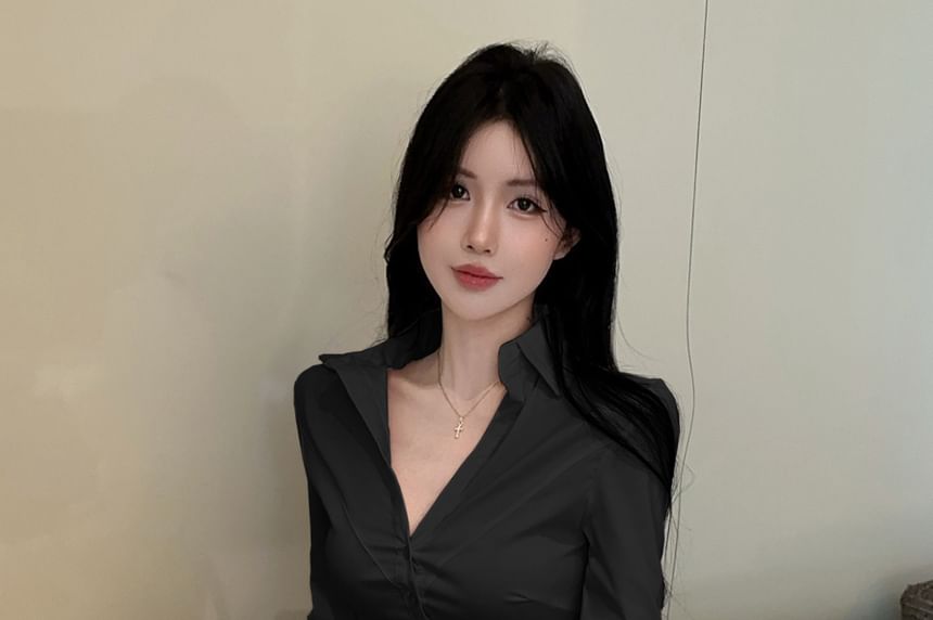 Long-Sleeve Plain Shirt with Belted Double-Breasted Mini Skirt
