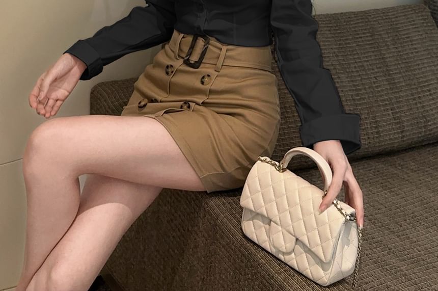 Long-Sleeve Plain Shirt with Belted Double-Breasted Mini Skirt