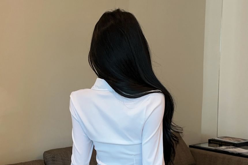 Long-Sleeve Plain Shirt with Belted Double-Breasted Mini Skirt