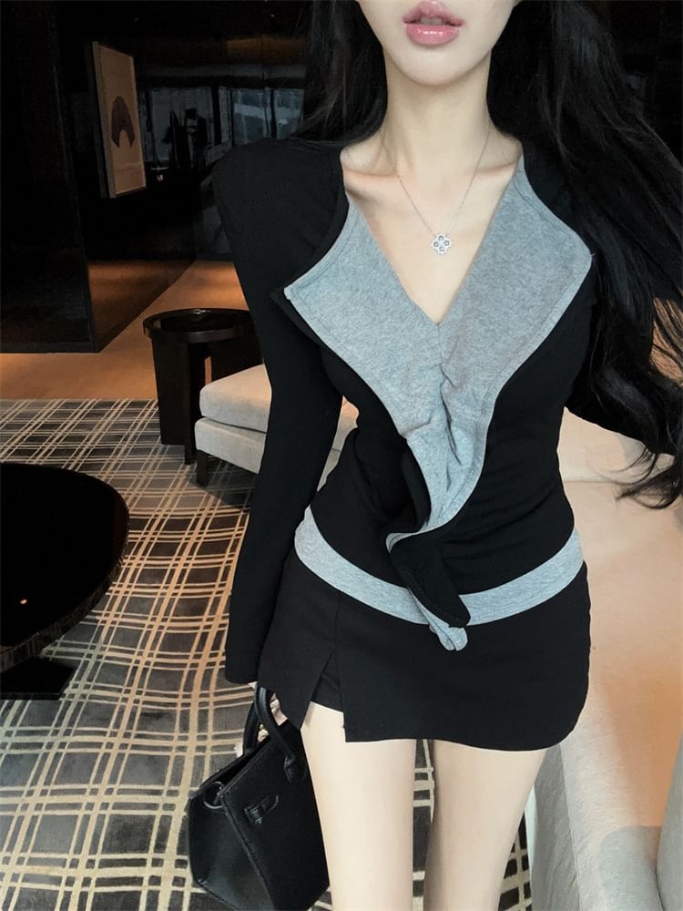 Ruffle Trim Two-Tone V-Neck Long-Sleeve Top