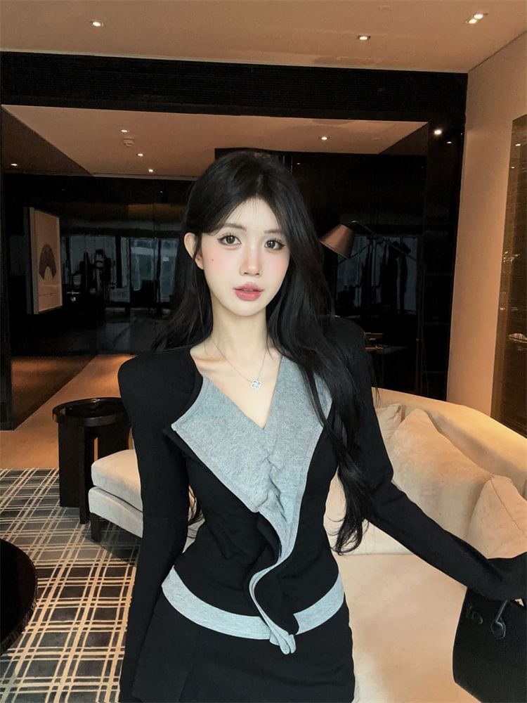 Ruffle Trim Two-Tone V-Neck Long-Sleeve Top