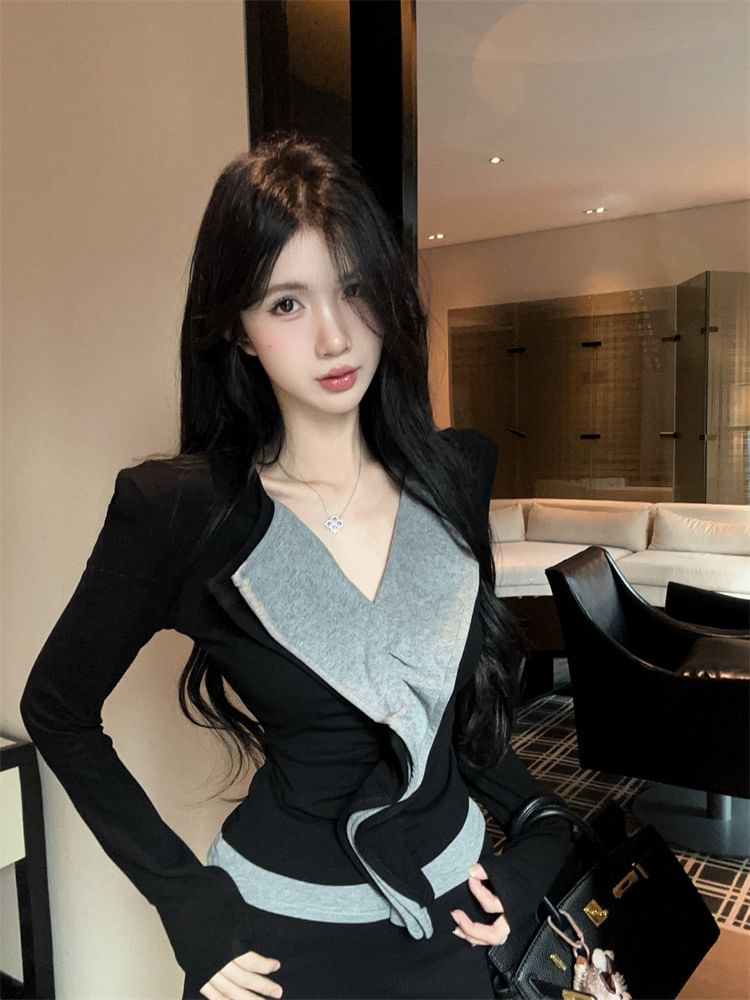 Ruffle Trim Two-Tone V-Neck Long-Sleeve Top