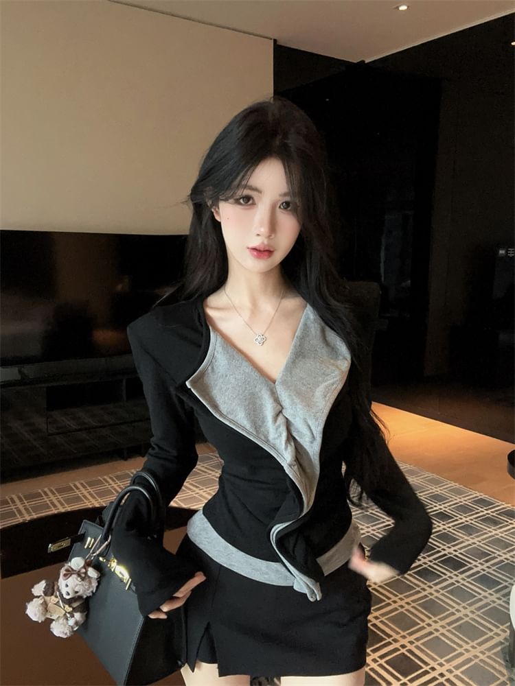Ruffle Trim Two-Tone V-Neck Long-Sleeve Top