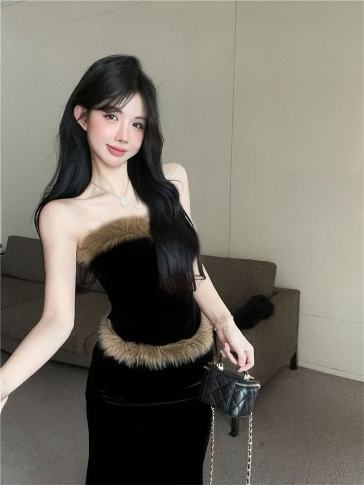 Strapless Fluffy Tube Top with High-Waist Pencil Skirt