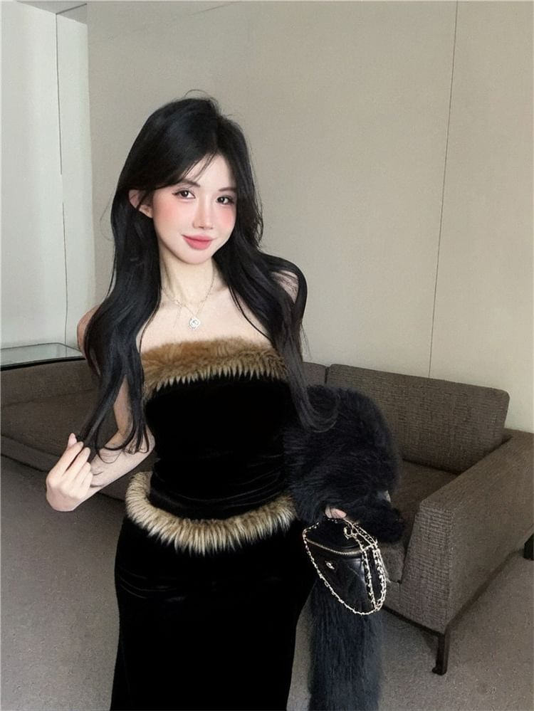 Strapless Fluffy Tube Top with High-Waist Pencil Skirt