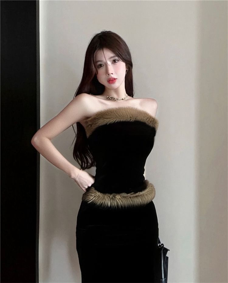 Strapless Fluffy Tube Top with High-Waist Pencil Skirt
