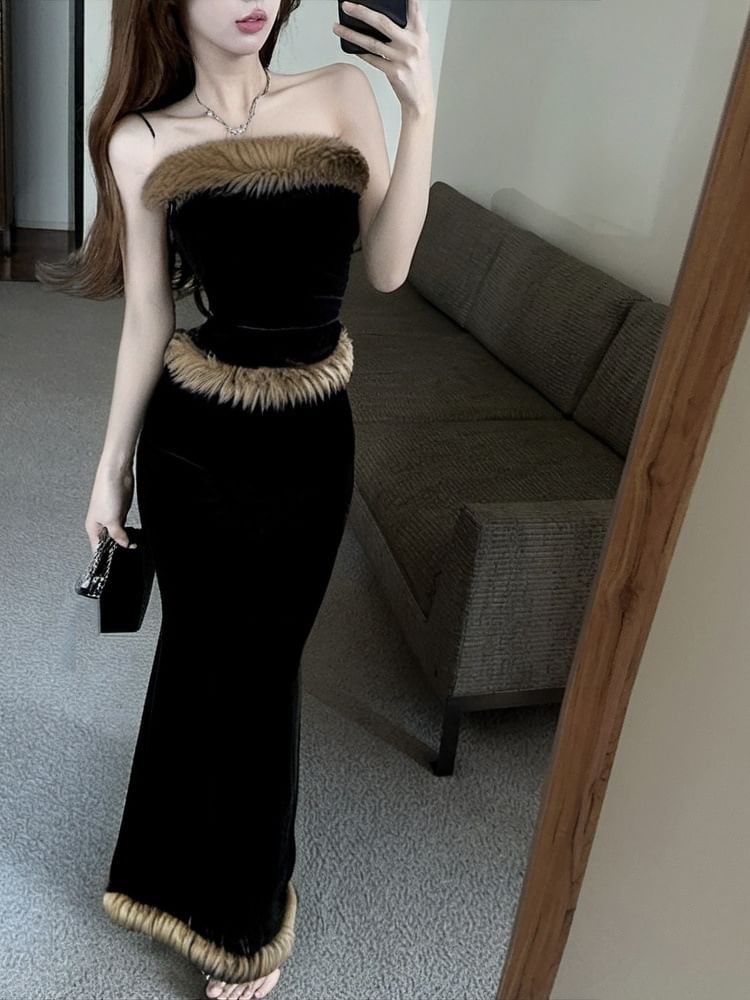 Strapless Fluffy Tube Top with High-Waist Pencil Skirt