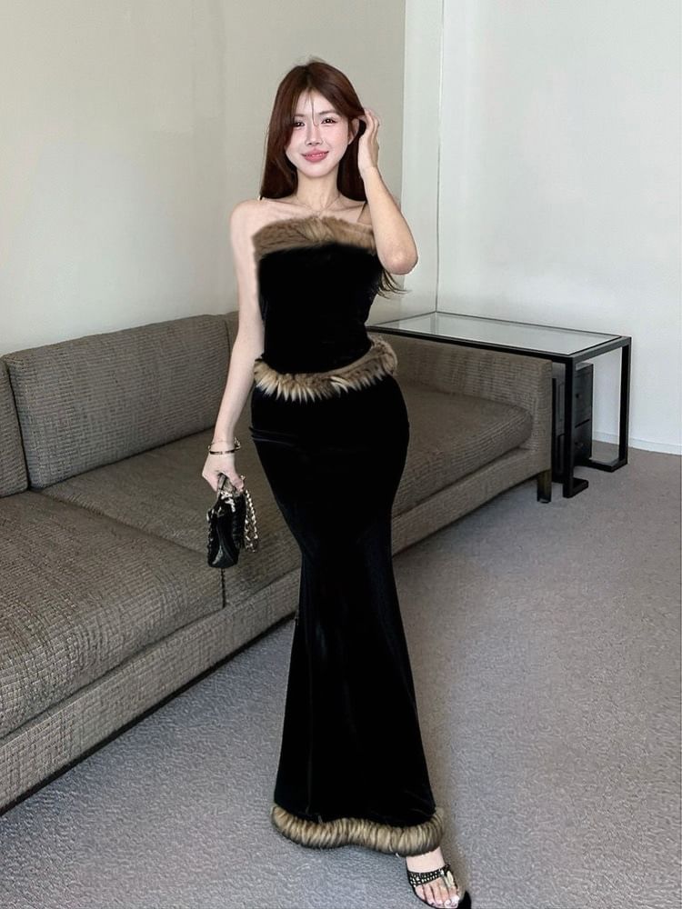 Strapless Fluffy Tube Top with High-Waist Pencil Skirt