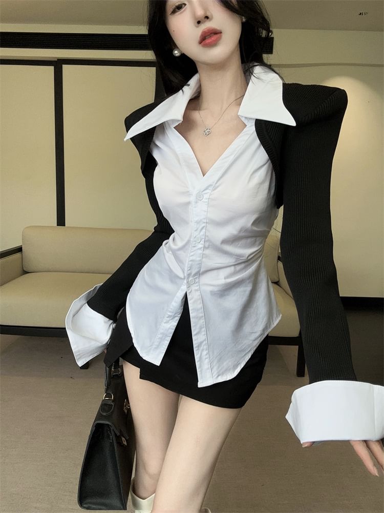Two-Tone Collared Long-Sleeve Button Shirt