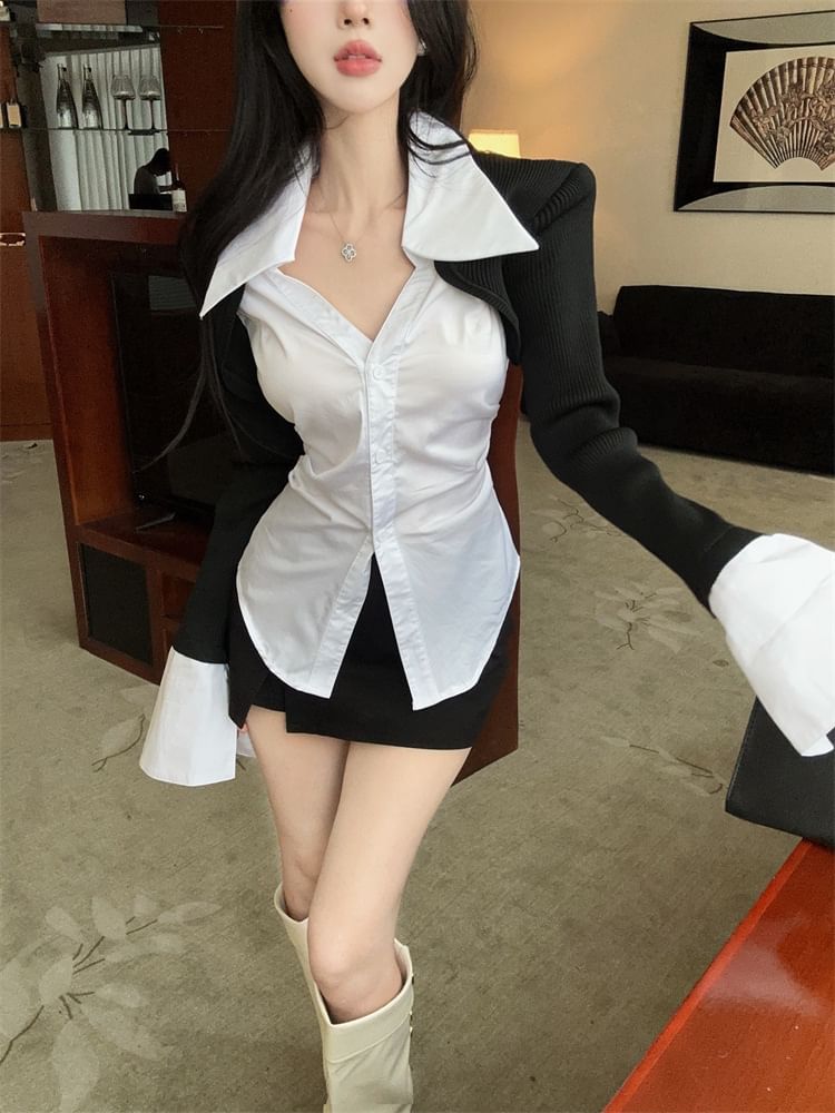 Two-Tone Collared Long-Sleeve Button Shirt