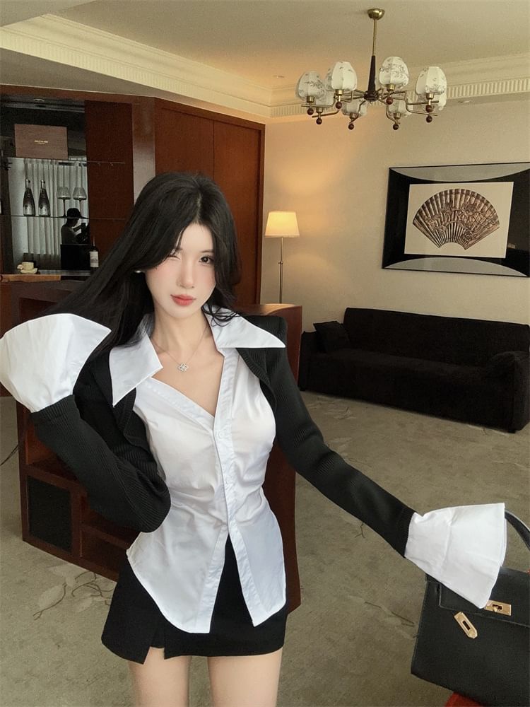 Two-Tone Collared Long-Sleeve Button Shirt