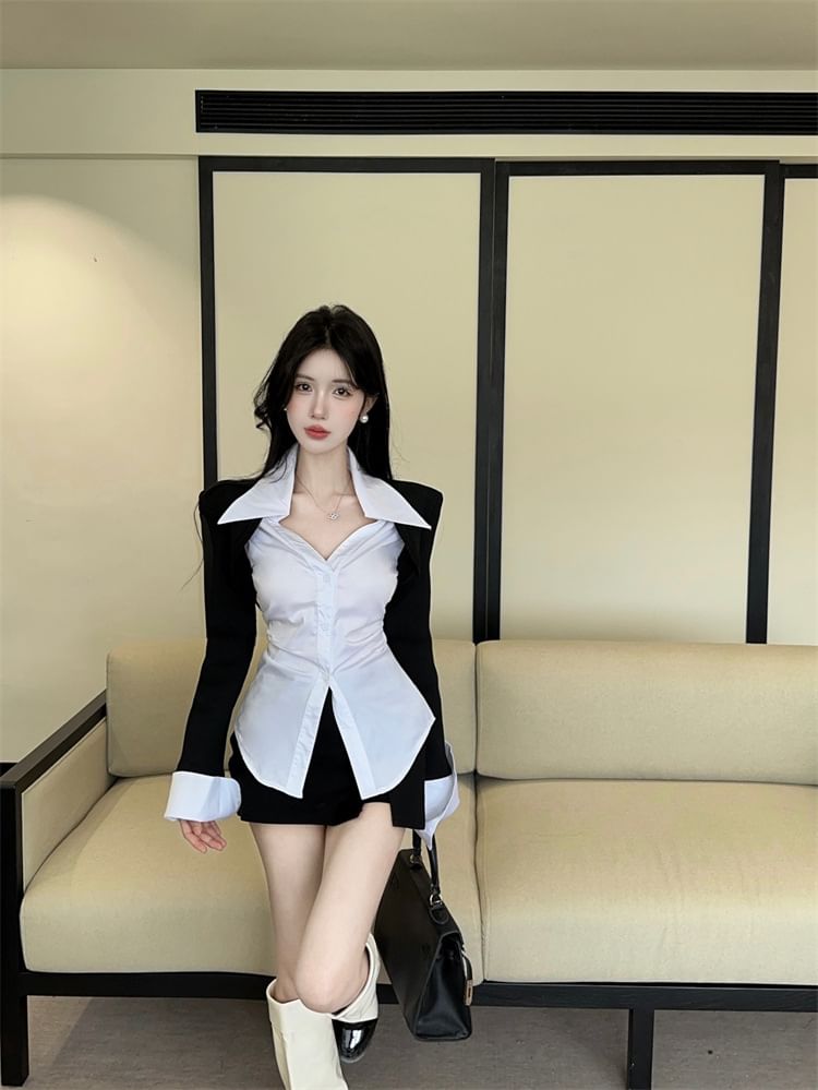 Two-Tone Collared Long-Sleeve Button Shirt