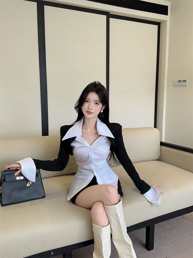 Two-Tone Collared Long-Sleeve Button Shirt
