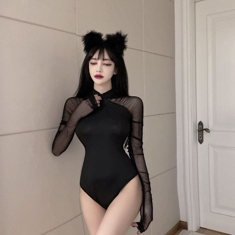 Sheer-Panel Mock-Neck Long-Sleeve Bodysuit Top